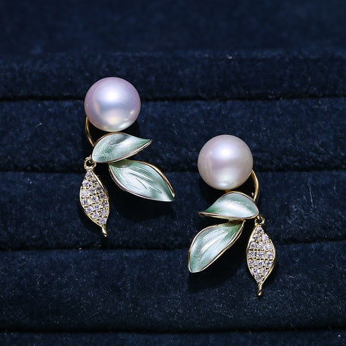 8-9mm Green Leaf Pearl Earrings - House Of Pearls